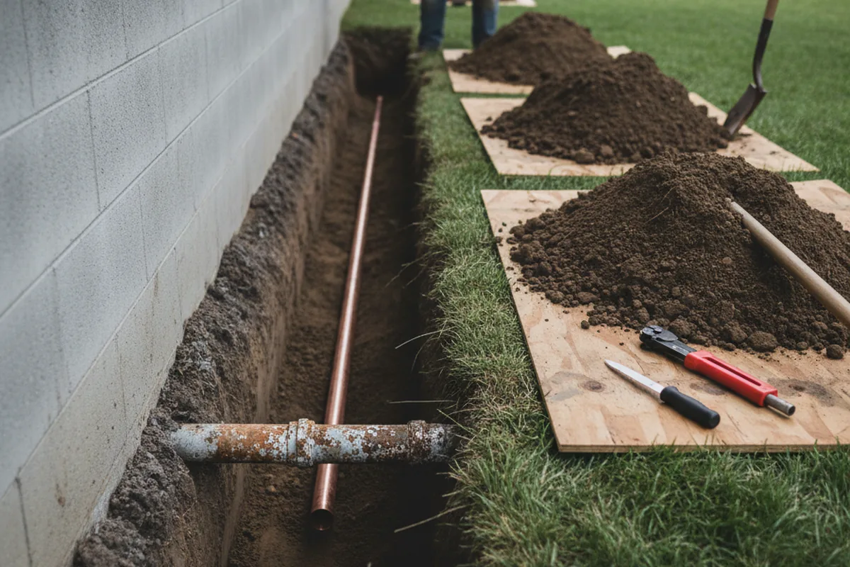 Excavated water line trench during Water Softener Installation in North Haven